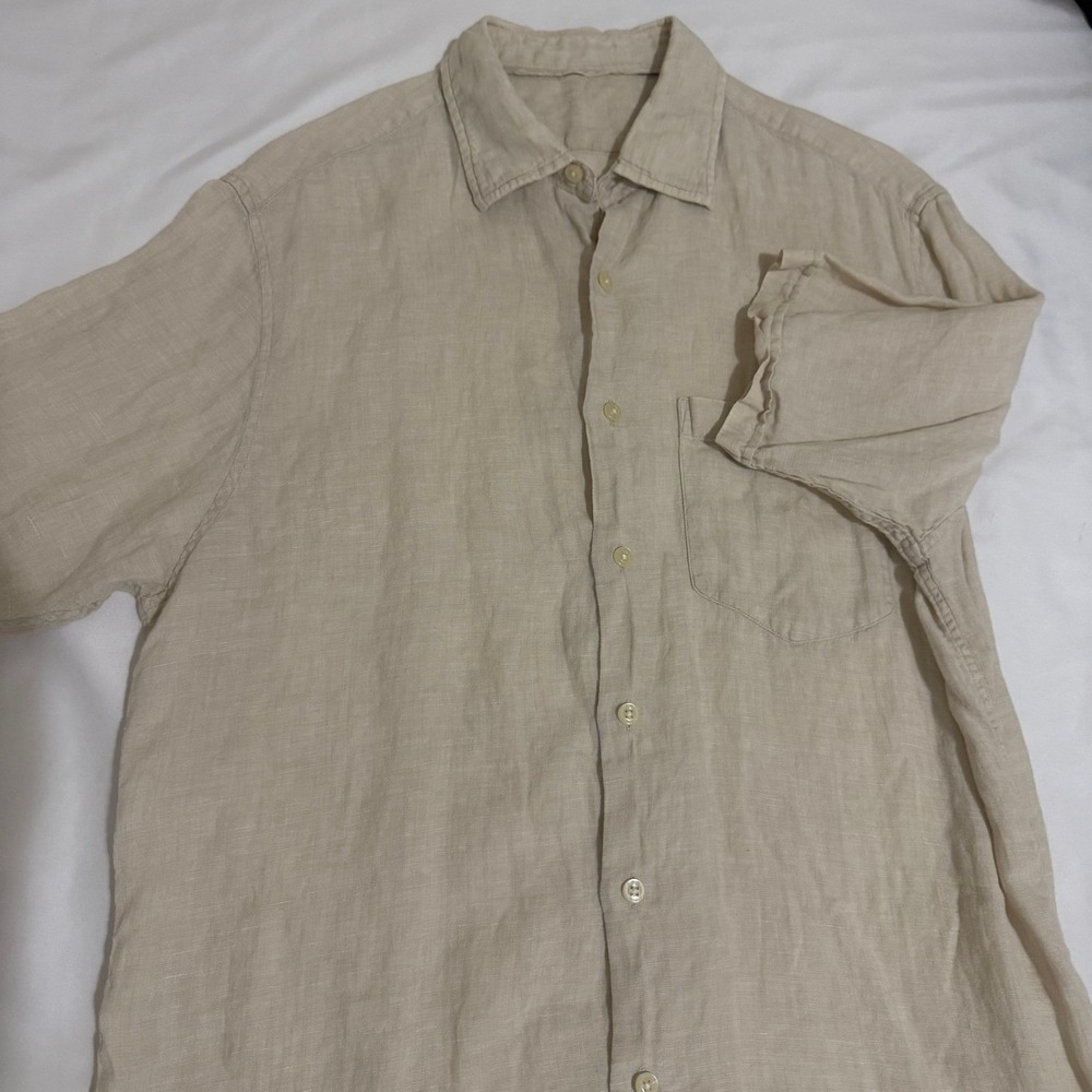 Armi Mens Beige Linen Short Sleeve Button Down Shirt Tan Pocket Large